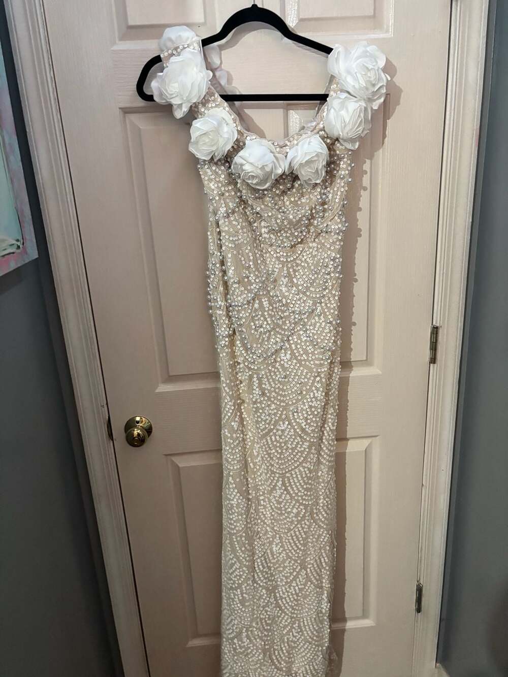 SHEIN Luxury Off-Shoulder Beaded Sequin & Pearl 3D Floral Maxi Evening Gown 1X